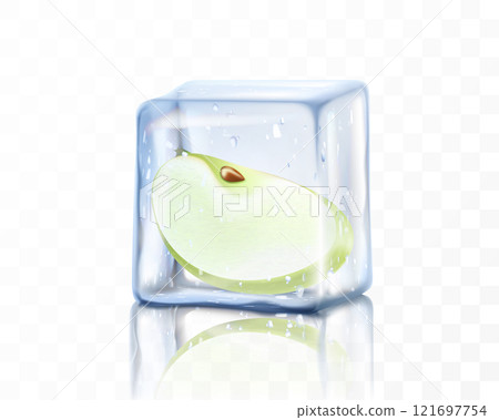 Fresh ripe apple piece in ice cube isolated on transparent background. Frozen green apple, realistic 3d vector illustration Fresh ripe apple piece in ice cube isolated on transparent background. Frozen green apple, realistic 3d vector illustration 121697754
