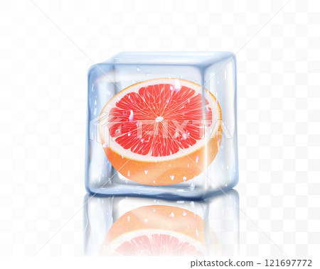 Fresh ripe grapefruit half in ice cube isolated on transparent background. Frozen juicy grapefruit, realistic 3d vector illustration 121697772