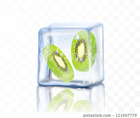 Fresh ripe kiwi slice in ice cube isolated on transparent background. Frozen piece of kiwi. Realistic 3d vector illustration Fresh ripe kiwi slice in ice cube isolated on transparent background. Frozen piece of kiwi. Realistic 3d vector illustration 121697779