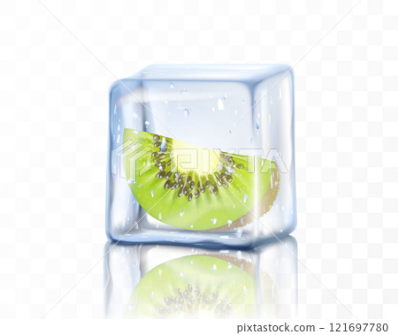 Fresh ripe kiwi slice in ice cube isolated on transparent background. Frozen piece of kiwi. Realistic 3d vector illustration Fresh ripe kiwi slice in ice cube isolated on transparent background. Frozen piece of kiwi. Realistic 3d vector illustration 121697780
