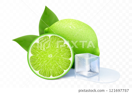Fresh lime with an ice cube. Composition of elements lime with leaves, half lime, sliced lime, puddle water. 3D realistic vector illustration isolated on transparent background 121697787