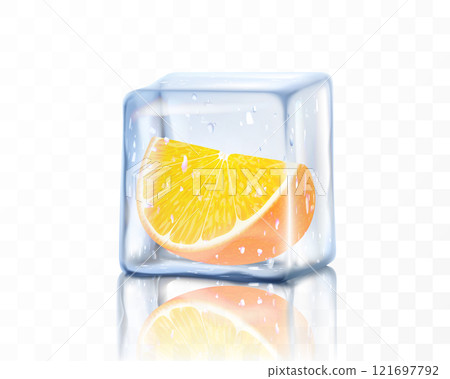 Fresh ripe orange slice in ice cube isolated on transparent background. Frozen piece of orange. Realistic 3d vector illustration 121697792