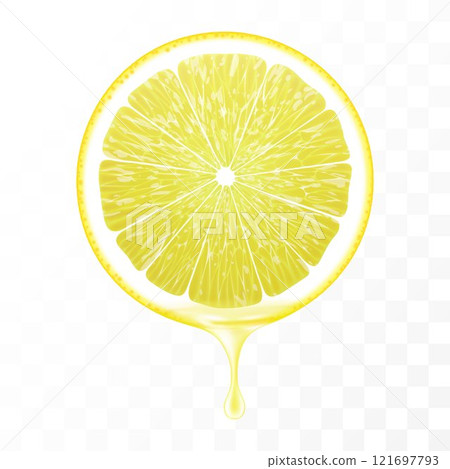 Sliced of lemon with juice dripping isolated on transparent background. Fresh slice of lemon with essential oil dripping. Juicy fruit. Fresh citrus design. Realistic 3d vector Sliced of lemon with juice dripping isolated on transparent background. Fresh slice of lemon with essential oil dripping. Juicy fruit. Fresh citrus design. Realistic 3d vector 121697793
