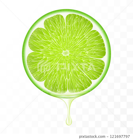 Sliced of green lime with juice dripping isolated on transparent background. Fresh slice of lime with essential oil dripping. Juicy fruit. Fresh citrus design. Realistic 3d vector 121697797