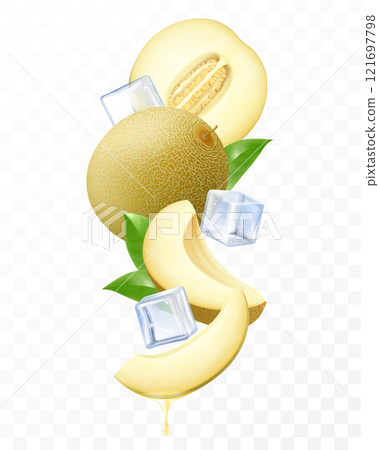 Fresh melon with ice cubes falling or flying. Composition of elements melon with leaves, whole melon, half and slices of melon , 3D realistic vector illustration isolated on transparent background 121697798
