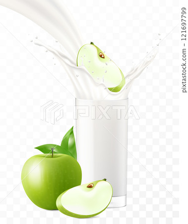 Apple falling in a glass of milk or yogurt. Sweet milk splashes. Fruit milkshake advertising banner, yogurt jet, flying drops, white drink in glass cup, Realistic 3d vector illustration, isolated 121697799