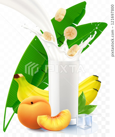 Banana- peach yogurt or smoothie or milk cocktail. Summer refreshing multi-fruit yogurt with ice cubes. Realistic 3D vector illustration 121697800