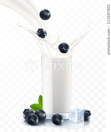 Blueberry falling in a glass of milk or yogurt. Sweet milk splashes. Fruit milkshake advertising banner, yogurt jet, flying drops, white drink in glass cup, Realistic 3d vector illustration, isolated Blueberry falling in a glass of milk or yogurt. Sweet milk splashes. Fruit milkshake advertising banner, yogurt jet, flying drops, white drink in glass cup, Realistic 3d vector illustration, isolated 121697802