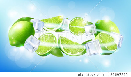 Fresh lime with ice cubes falling or flying. Composition of elements lime with leaves, half lime, sliced lime, 3D realistic vector illustration isolated on blue background 121697811