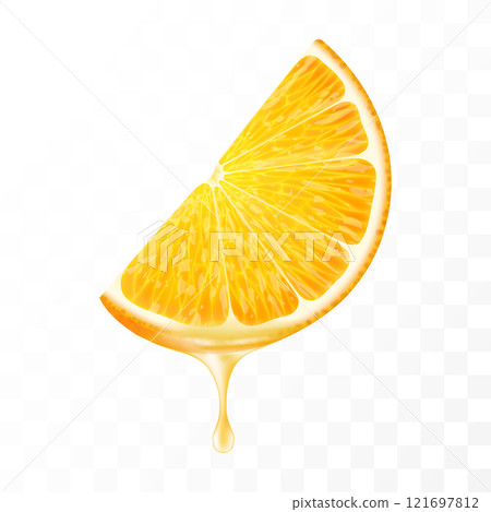 Sliced of orange with juice dripping isolated on transparent background. Fresh slice of orange with essential oil dripping. Juicy fruit. Fresh citrus design. Realistic 3d vector Sliced of orange with juice dripping isolated on transparent background. Fresh slice of orange with essential oil dripping. Juicy fruit. Fresh citrus design. Realistic 3d vector 121697812