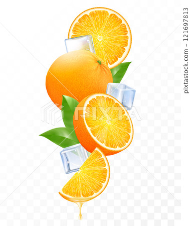 Fresh orange with ice cubes falling or flying. Composition of elements orange with leaves, half orange, sliced orange, 3D realistic vector illustration isolated on transparent background Fresh orange with ice cubes falling or flying. Composition of elements orange with leaves, half orange, sliced orange, 3D realistic vector illustration isolated on transparent background 121697813