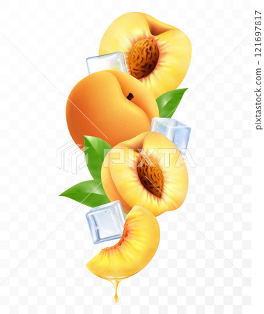Fresh peach with ice cubes falling or flying. Composition of elements peach with leaves, whole peach, half and slices of peach, 3D realistic vector illustration isolated on transparent background 121697817
