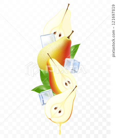 Fresh pear with ice cubes falling or flying. Composition of elements pear with leaves, whole pear, half and slices of pear, 3D realistic vector illustration isolated on transparent background Fresh pear with ice cubes falling or flying. Composition of elements pear with leaves, whole pear, half and slices of pear, 3D realistic vector illustration isolated on transparent background 121697819