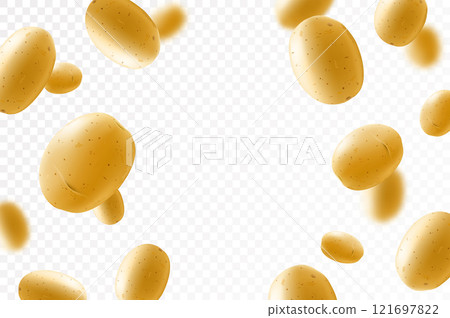 Falling washed raw potatoes, whole vegetables isolated on transparent background, selective focus. Realistic 3d vector illustration 121697822
