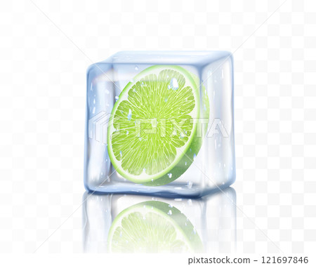 Fresh ripe lime slice in ice cube isolated on transparent background. Frozen piece of lime. Realistic 3d vector illustration 121697846