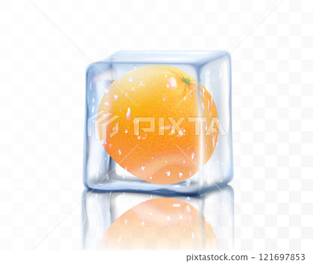 Fresh ripe orange or grapefruit whole in ice cube isolated on transparent background. Frozen orange, realistic 3d vector illustration Fresh ripe orange or grapefruit whole in ice cube isolated on transparent background. Frozen orange, realistic 3d vector illustration 121697853