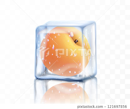 Fresh ripe peach in ice cube isolated on transparent background. Frozen peach fruit, realistic 3d vector illustration Fresh ripe peach in ice cube isolated on transparent background. Frozen peach fruit, realistic 3d vector illustration 121697856