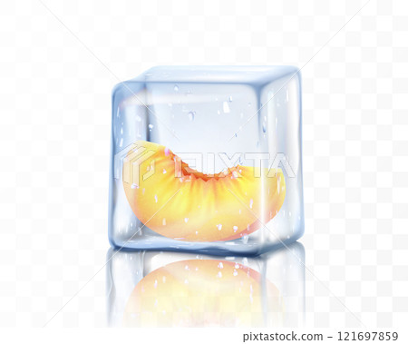 Fresh ripe peach slice in ice cube isolated on transparent background. Frozen piece of peach, realistic 3d vector illustration Fresh ripe peach slice in ice cube isolated on transparent background. Frozen piece of peach, realistic 3d vector illustration 121697859