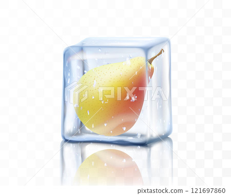 Fresh ripe pear in ice cube isolated on transparent background. Frozen pear fruit, realistic 3d vector illustration Fresh ripe pear in ice cube isolated on transparent background. Frozen pear fruit, realistic 3d vector illustration 121697860