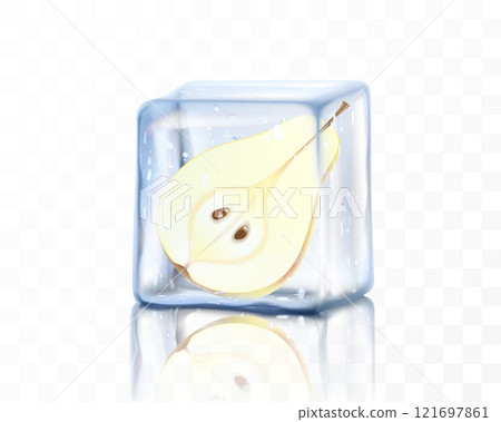 Half of a fresh ripe pear in an ice cube isolated on a transparent background. Frozen pear, realistic 3d vector illustration Half of a fresh ripe pear in an ice cube isolated on a transparent background. Frozen pear, realistic 3d vector illustration 121697861