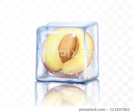 Fresh ripe plum half in ice cube isolated on transparent background. Frozen sweet plum with a stone, realistic 3d vector illustration Fresh ripe plum half in ice cube isolated on transparent background. Frozen sweet plum with a stone, realistic 3d vector illustration 121697862