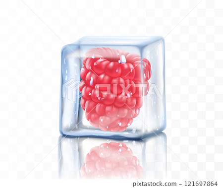 Fresh ripe raspberry in ice cube isolated on transparent background. Frozen red raspberry with a green leaf , realistic 3d vector illustration Fresh ripe raspberry in ice cube isolated on transparent background. Frozen red raspberry with a green leaf , realistic 3d vector illustration 121697864