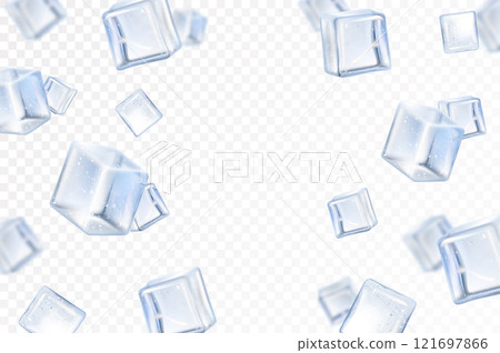 Falling ice cube, isolated on transparent background, selective focus. Flying ice cubes with blur effect . Realistic 3d vector illustration Falling ice cube, isolated on transparent background, selective focus. Flying ice cubes with blur effect . Realistic 3d vector illustration 121697866