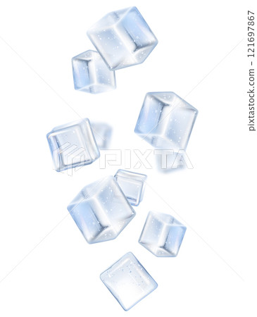 Falling ice cube, isolated on transparent background, selective focus. Flying ice cubes with blur effect . Realistic 3d vector illustration Falling ice cube, isolated on transparent background, selective focus. Flying ice cubes with blur effect . Realistic 3d vector illustration 121697867