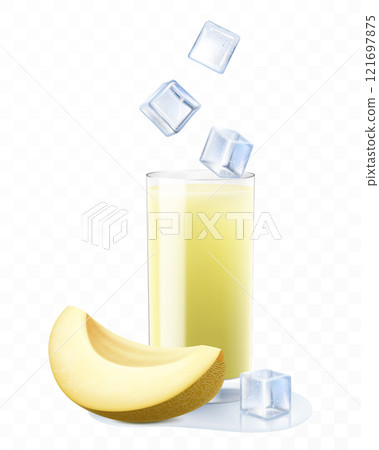 Melon cocktail. Fruit smoothie or yogurt. Summer refreshing drink with ice cubes and melon. Melon juice. Realistic 3D vector illustration 121697875