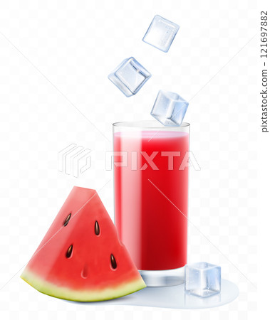 Watermelon cocktail. Fruit smoothie or yogurt. Summer refreshing drink with ice cubes and watermelon . Watermelon juice. Realistic 3D vector illustration 121697882