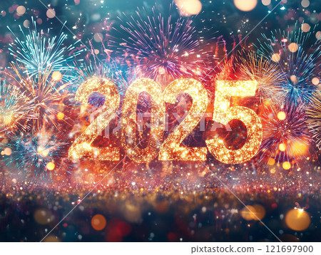 Vibrant '2025' celebration with bold glowing text surrounded by colorful fireworks and festive sparkles 121697900