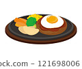 Fried egg and hamburger steak on a hot plate 121698006