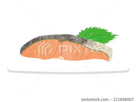 Illustration of grilled salmon on a plate 121698007