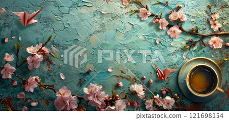a textured, turquoise background, delicate pink cherry blossom branches and two origami cranes frame a rustic blue coffee cup, evoking a sense of tranquility and artistic beauty. 121698154