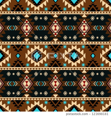 African ethnic designs in a geomatic style, rendered in rich brown tones. Reflecting the cultural heritage and intricate artistry of African ethnic , this pattern is ideal for the textile industry,  121698181