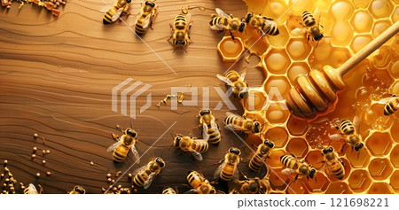a warm wooden surface, a cluster of honeybees surrounds a dripping honeycomb and a honey dipper, showcasing the intricate beauty and the sweet rewards of their labor. 121698221