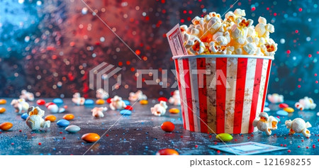 Overflowing with fluffy popcorn and nestled amongst colorful candies, a red and white striped popcorn bucket with movie tickets spilling out invites a fun and festive cinematic experience. 121698255