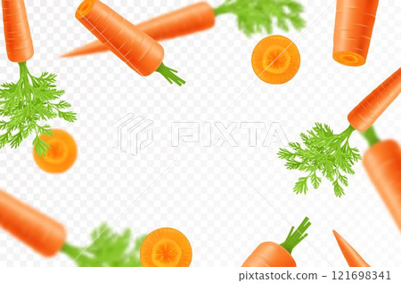 Falling carrots isolated on transparent background. Flying whole and sliced vegetable with blurry effect. Can be used for advertising, packaging, banner, poster, print. realistic 3d design Falling carrots isolated on transparent background. Flying whole and sliced vegetable with blurry effect. Can be used for advertising, packaging, banner, poster, print. realistic 3d design 121698341