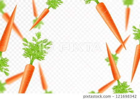 Falling carrots isolated on transparent background. Flying whole and sliced vegetable with blurry effect. Can be used for advertising, packaging, banner, poster, print. realistic 3d design 121698342