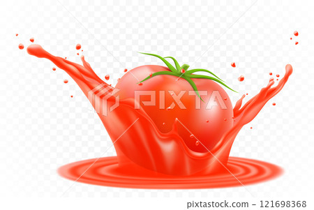 Realistic ripe tomato in red juicy splash. 3d Vector tomato juice explosion for healthy, organic product packaging design. Splashing fresh drink, flowing tomato juice motion Realistic ripe tomato in red juicy splash. 3d Vector tomato juice explosion for healthy, organic product packaging design. Splashing fresh drink, flowing tomato juice motion 121698368