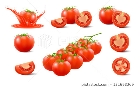 Set of red tomatoes isolated on white background. Realistic 3d Vector illustration. Whole, half and slice, branch of red cherry tomatoes. Ripe tomato in red juicy splash. Fresh vegetables 121698369