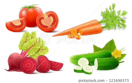 Set of fresh ripe vegetables of tomato, carrot, cucumber and beet. Realistic 3d vector illustration isolated on white background. Can be used as packaging design, banner or food advertisement 121698373