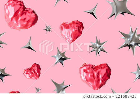 Seamless Valentines Day pattern with pink hearts and metallic stars on soft pink background. Romantic design is ideal for gift wrapping, greeting cards, holiday decor. Love and affection. 3D render. Seamless Valentines Day pattern with pink hearts and metallic stars on soft pink background. Romantic design is ideal for gift wrapping, greeting cards, holiday decor. Love and affection. 3D render. 121698425
