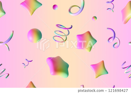 Colorful seamless pattern with soft, gradient 3D shapes including spheres, stars, confetti on pastel background. Ideal for presents wrapping paper, wallpaper and playful prints, textile. 121698427