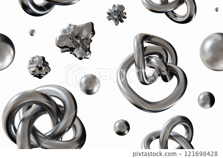 Seamless pattern featuring metallic chrome abstract shapes, including knots, spheres and irregular forms, on white background. Perfect for modern designs, futuristic branding and creative projects. 121698428