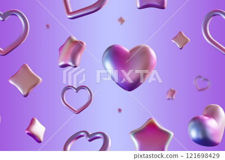 Seamless pattern of iridescent hearts and stars on gradient purple background. Glossy metallic effect, futuristic, romantic feel. Suitable for Valentine's Day themes, fashion prints, digital design. 121698429