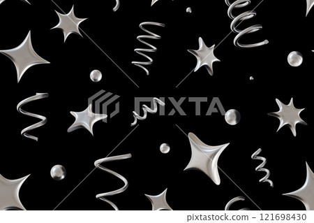 Seamless pattern with chrome 3D abstract shapes including stars, spirals, and spheres on black background. Ideal for digital designs, fashion prints, festive decorations, modern branding projects. Seamless pattern with chrome 3D abstract shapes including stars, spirals, and spheres on black background. Ideal for digital designs, fashion prints, festive decorations, modern branding projects. 121698430