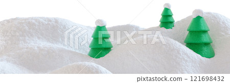 Snow-covered landscape with soft, fluffy mounds of snow and green fir trees, isolated on white background. Ideal for use as footer in winter-themed designs, holiday promotions, seasonal graphic. 3D. 121698432