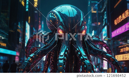 a cyborg octopus, its metal tentacles pulsating with neon circuits and holographic displays. a cyborg octopus, its metal tentacles pulsating with neon circuits and holographic displays. 121698452