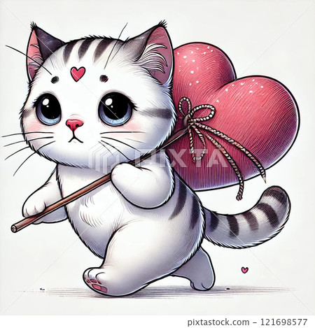 Illustration of a kitten carrying a heart 121698577